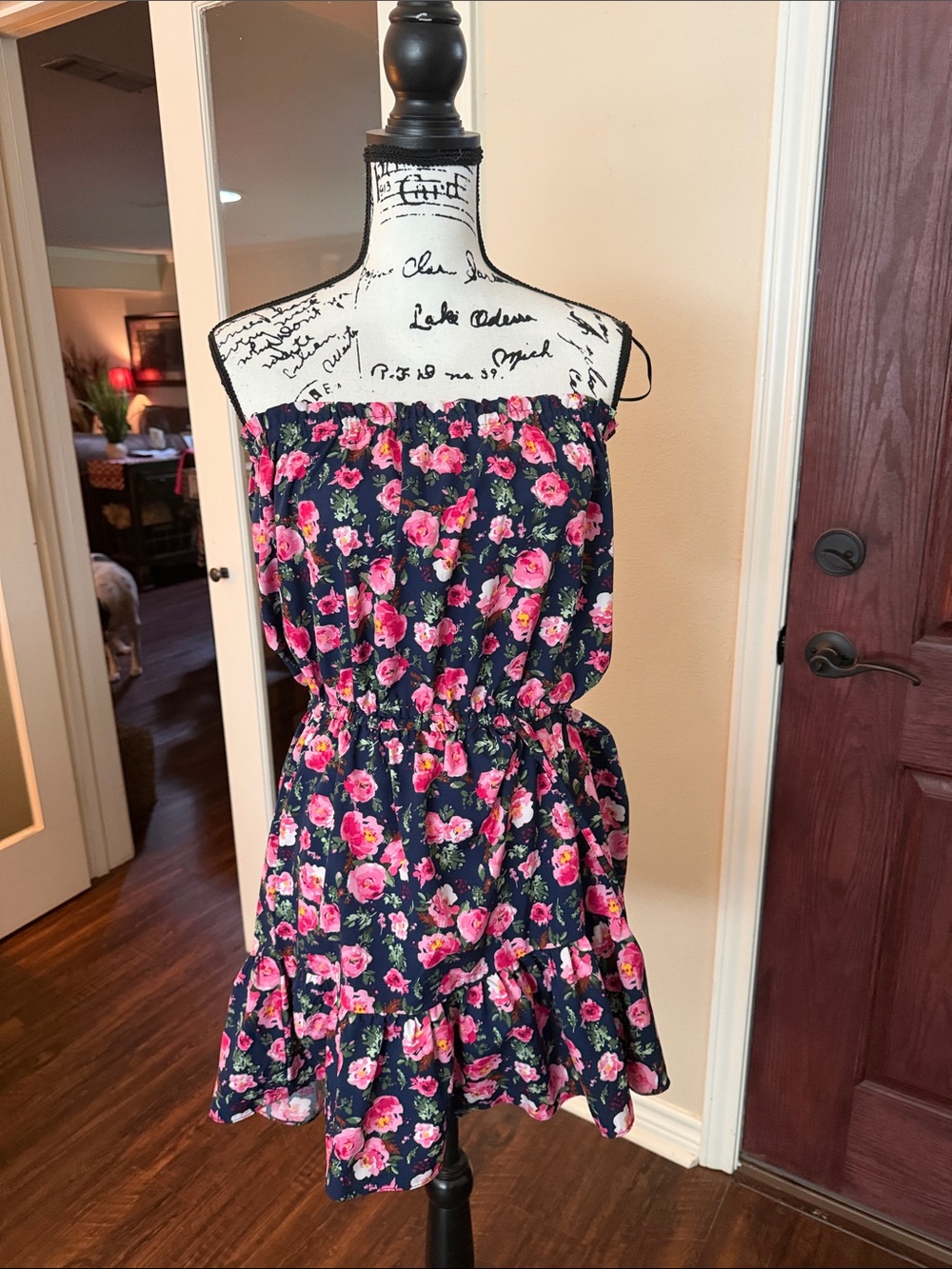 Umgee Navy Floral Strapless Mini Dress with Pink Roses